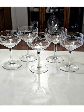 5 Vintage Etched Floral Coupe Champagne Cocktail Glasses Stemware 5.5"